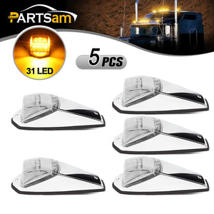 Partsam 5pcs Clear Lens 31LED Amber Cab Marker Top Roof Running Lights w/Chrome Base Compatible with Peterbilt/Kenworth/Freightliner//Western Star/Mack/International/Paccar Trailer Trucks