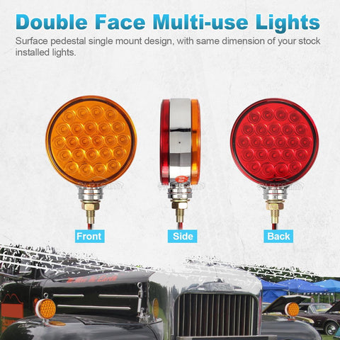 Image of Partsam 2pc 4inch Round Double Face Single Stud Mount Pearl Red/Amber 48 LED Pedestal Fender Reflective Lights w Chrome Housing Sealed Replacement for Kenworth/Peterbilt/Freightliner