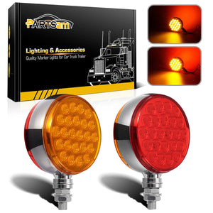 Partsam 2pc 4inch Round Double Face Single Stud Mount Pearl Red/Amber 48 LED Pedestal Fender Reflective Lights w Chrome Housing Sealed Replacement for Kenworth/Peterbilt/Freightliner