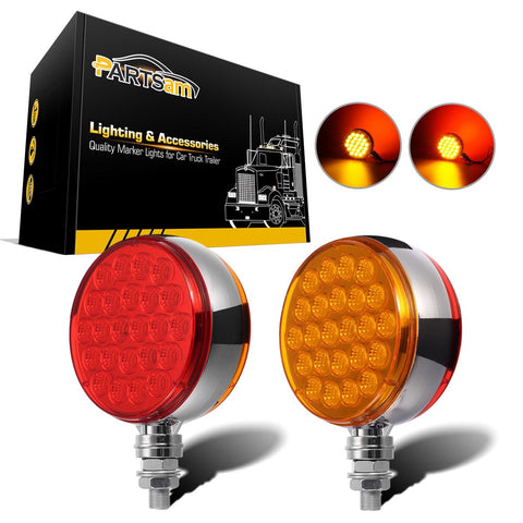 Image of Partsam 2pc 4inch Round Double Face Single Stud Mount Pearl Red/Amber 48 LED Pedestal Fender Reflective Lights w Chrome Housing Sealed Replacement for Kenworth/Peterbilt/Freightliner