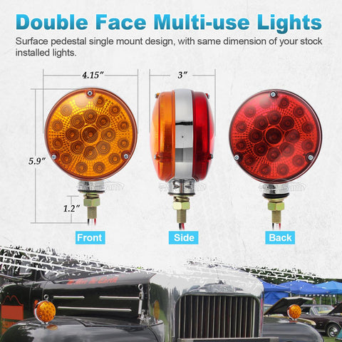 Image of Partsam 2pcs Double Face Round Led Pedestal Lights Stop Tail Turn Signal Fender Mount Marker Lights Chrome Mini-reflex Replacement for Peterbilt/Kenworth/Freightliner Trucks Semi Trailers Waterproof