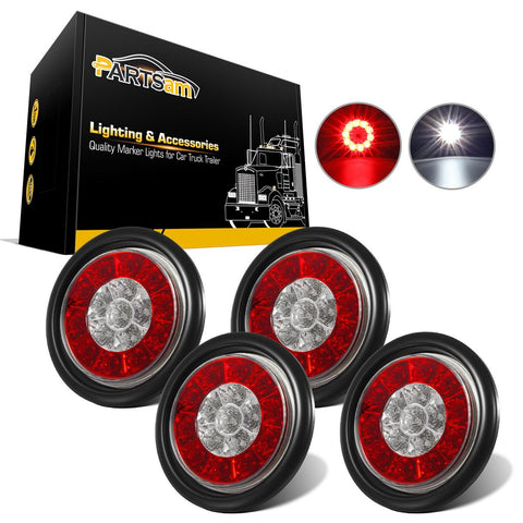 Partsam 4Pcs 4inch Inch Round LED Trailer Tail Lights with Backup Reverse Lights 16LED Waterproof Stop Brake Tail Running Utility Lights Lamps DC 12V Sealed, Hardwired with Grommet (Not Plug and Play)