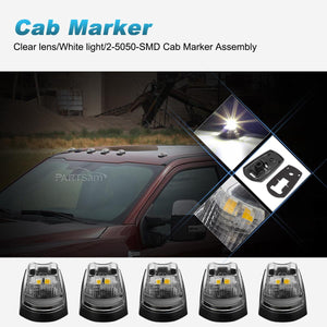 Partsam 5PCS Clear Lens Cab Marker Lights 264343CL White LED Clearance Top Roof Running Lights Assembly Compatible with F250 F350 F450 F550 Full LED Cab Roof Marker Light Kit 2017-2021 Super Duty