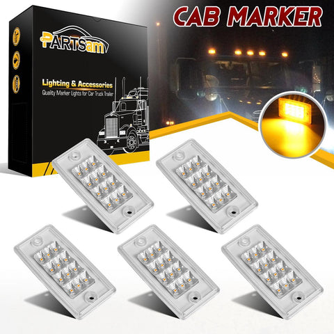 Image of Partsam 5pcs Amber Cab Marker Lights LED Top Roof Running Rectangle Cab Lights 12 LED Reflectors Compatible with Freightliner Century/Columbia Roof Cab Marker Clearance Lights Sealed Waterproof