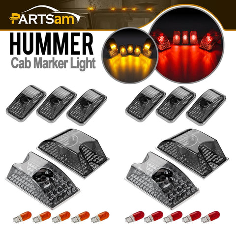 Image of Partsam Replacement for Hummer H2 Cab Roof Lights Smoked Housing 2003-2009 and Hummer H2 SUT Cab Roof Top Clearance Marker Light Lamps 2005-2009 Front Rear 264160BK w/T10 Halogen Bulbs(10Red+10Amber)