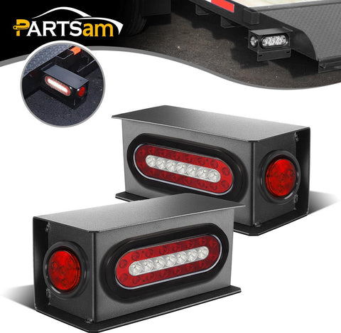 Image of Partsam 2Pcs Steel Trailer RV Light Boxes Housing Kit w/ 6" Oval Led Trailer Tail Lights Red/White & 2" Red Led Round Side Marker and Clearance Lights 4LED w/ Grommets and wire connectors