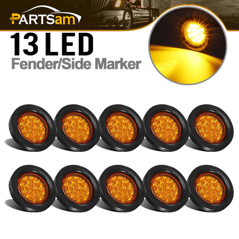 Partsam 10Pcs 2.5" Round Amber Led Clearance and side Marker Lights Kit 13 Diodes with Light Grommet and Wire Pigtail Truck Trailer Rv Flush Mount Waterproof 12V Sealed, 2.5 Round Led Marker Lights