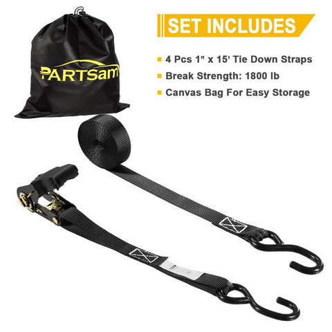 Image of Partsam Ratchet Straps Heavy Duty Tie Down Set, 1823 Break Strength - (4) Heavy Duty 1inch x 15' Cargo Tiedowns with Padded Handles & Coated S Hooks for Moving, Securing Cargo in Carry Bag (Black)