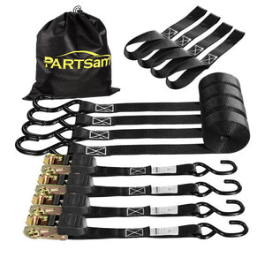 Partsam Ratchet Straps Heavy Duty Tie Down Set, 2500 Break Strength - (4) Heavy Duty 1" x 15' Cargo Motorcycle Tiedowns Straps with Handles & Coated S Hooks + (4) Soft Loop Anchoring Straps (Black)