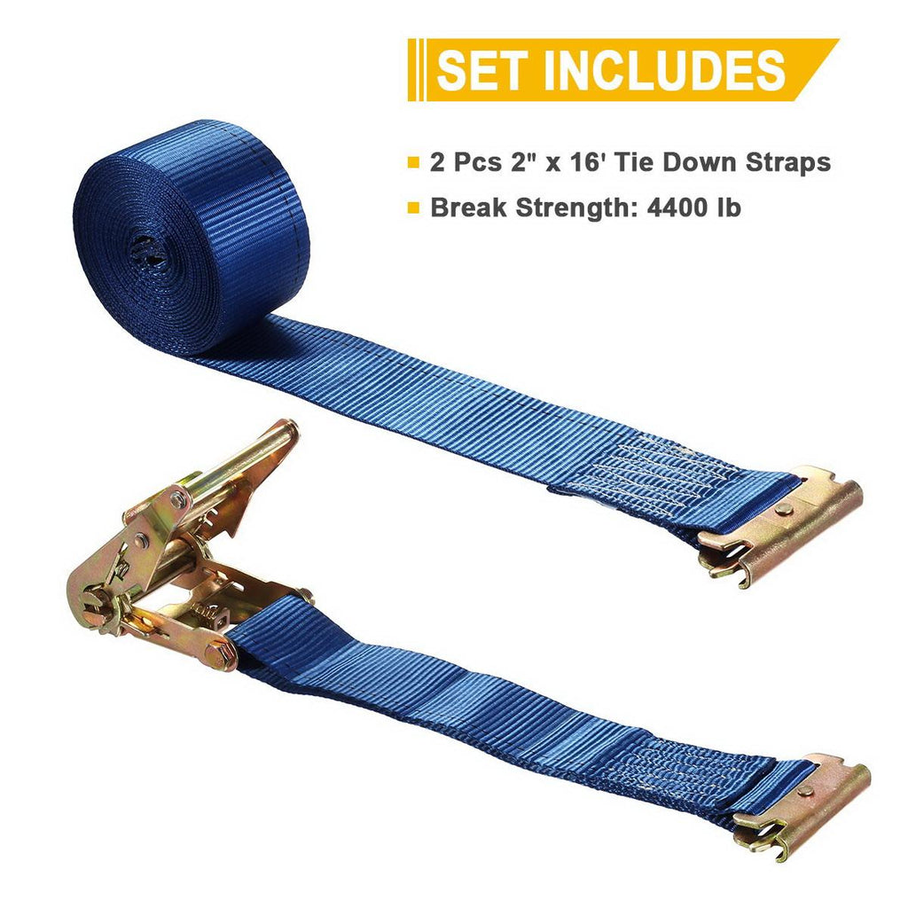 Partsam 2Pack E-Track Ratchet Tie-Down Straps 2inch x16' ATV Mower Tire Straps Tie Down Kit 4400 lbs w/ETrack Spring Fittings & Ratchets & Heavy Duty Polyester Webbing Tie-Down Straps (Blue)