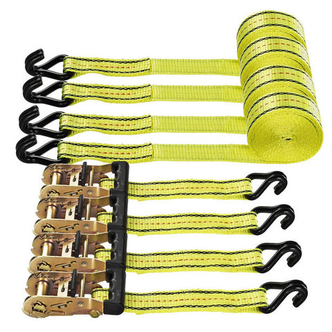 Image of Partsam Heavy Duty Ratchet Cargo Tie Down Straps, 3000lbs Break Strength - (4) Heavy Duty 1.5inch x 15' Cargo Tiedowns with Steel Dual J-Hooks for Moving, Hauling, Motorcycles, Securing Cargo (Yellow)