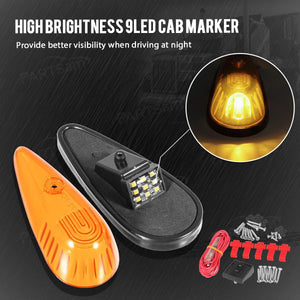 Partsam Amber Teardrop Cab Light 9LED Cab Marker Light 5pcs Front Rear Top Clearance Roof Running Light with Wiring Pack for Trucks, Vans, Pickups, semis and RVs