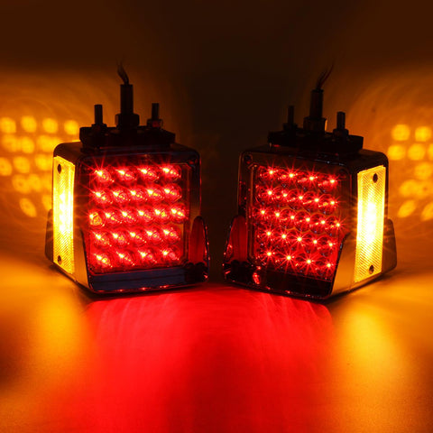 Image of Partsam Double Face Square LED Fender Pedestal Lights Amber/Red 52 LED 3 Studs Mount Truck Trailer Stop Tail Turn Signal Lights Chrome Visor Waterproof w/ Side Reflex Clearance Lights Clear Lens