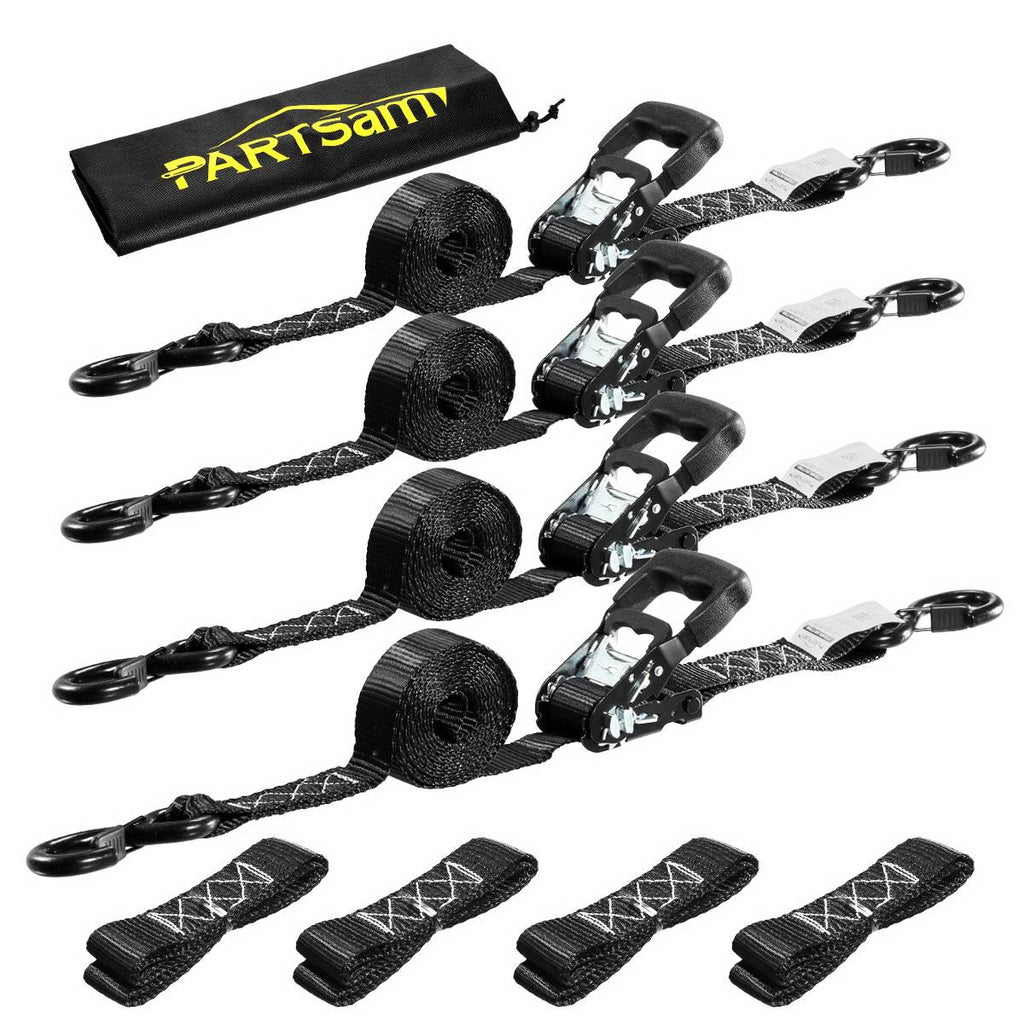 Partsam Ratchet Straps Heavy Duty Tie Down Set, 5208 Break Strength - (4) Heavy Duty 1.6inch x 8' Cargo Tiedowns w/Padded Handles & Coated Chromoly S Hooks + (4) Soft Loop Tie Downs Strap (Black)