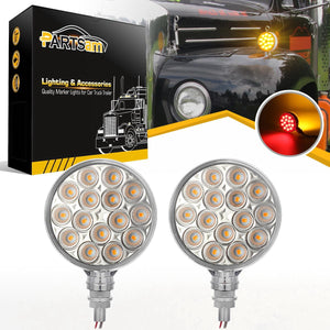 Partsam 2pc 3inch Red/Amber Double Face Chrome Round Pedestal Lights 30 LED Sealed Clear Lens Fender Mount Stop Turn Tail Lights Replacement for Peterbilt/Kenworth/Freightliner Trucks Trailers