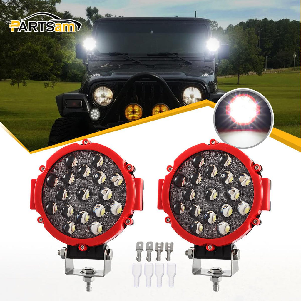 Partsam 2 Pack 7" Round LED Offroad Pod Lights Bar 51W 5100LM with Mounting Bracket Red Spot Bumper Driving Lamp Headlight Fog Light for Offroader Truck ATV SUV Jeep Car Construction Camping Hunters