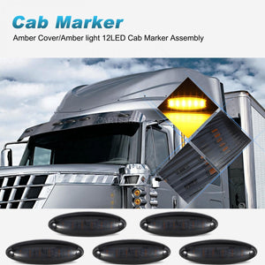 Partsam 5pcs Smoke Lens Yellow 6 LED Top Cab Marker Roof Running Lights Lamps Assembly Replacement for Freightliner Cascadia Heavy Duty Truck Cab Lights
