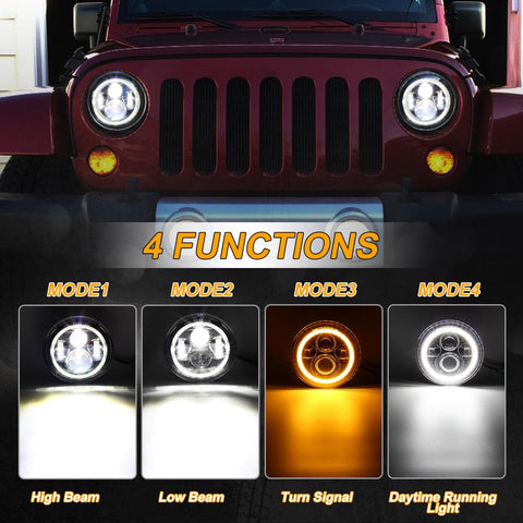Image of Partsam 7'' Round LED Headlights Osram Chips DOT Approved H6024 High Low Beam White Halo Ring Angel Eyes DRL+Amber Turning Signal Lights Compatible with Jeep Wrangler JK LJ TJ CJ/Hummer H2 H1 (Pair)