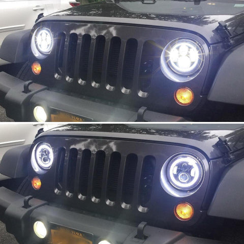 Image of Partsam 7'' Round LED Headlights Osram Chips DOT Approved H6024 High Low Beam White Halo Ring Angel Eyes DRL+Amber Turning Signal Lights Compatible with Jeep Wrangler JK LJ TJ CJ/Hummer H2 H1 (Pair)