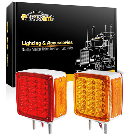 Image of Partsam 2x Truck Trailer Square Double Face Pedestal Stop Turn Tail Light Amber / Red 39 LED for Trucks