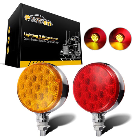 Image of Partsam Round Red/Amber Double Face Led Pedestal Lights with Reflectors 42 LED Waterproof Truck Trailer SUV RV Fender Mount Led Stop Turn Tail and Parking Light, Chrome Die Cast Housing 12V