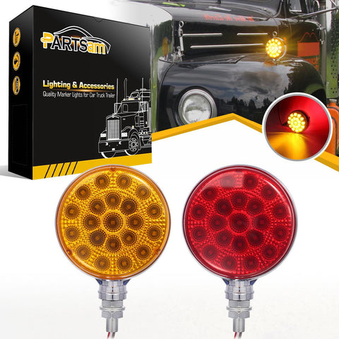 Image of Partsam Round Red/Amber Double Face Led Pedestal Lights with Reflectors 42 LED Waterproof Truck Trailer SUV RV Fender Mount Led Stop Turn Tail and Parking Light, Chrome Die Cast Housing 12V