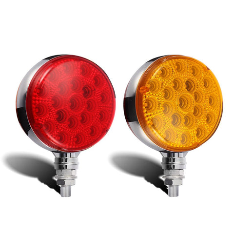 Image of Partsam Round Red/Amber Double Face Led Pedestal Lights with Reflectors 42 LED Waterproof Truck Trailer SUV RV Fender Mount Led Stop Turn Tail and Parking Light, Chrome Die Cast Housing 12V