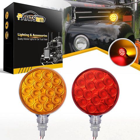 Partsam 2pc 3inch Round Double Face Red/Amber 30 LED Pedestal Fender Lights Turn Signal Chrome Miro-reflex Sealed Replacement for Kenworth/Peterbilt/Freightliner/Western Star Trucks Semi Trailers
