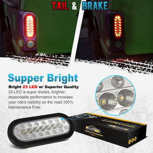 Partsam 2Pcs 6.3 inch Oval Led Stop Turn Tail Lights with Reverse Lights Red and White Clear Lens 23 LED, Sealed 6.3 inch Oval led Trailer Tail Lights Backup Lights w reflectors Grommet Flush Mount