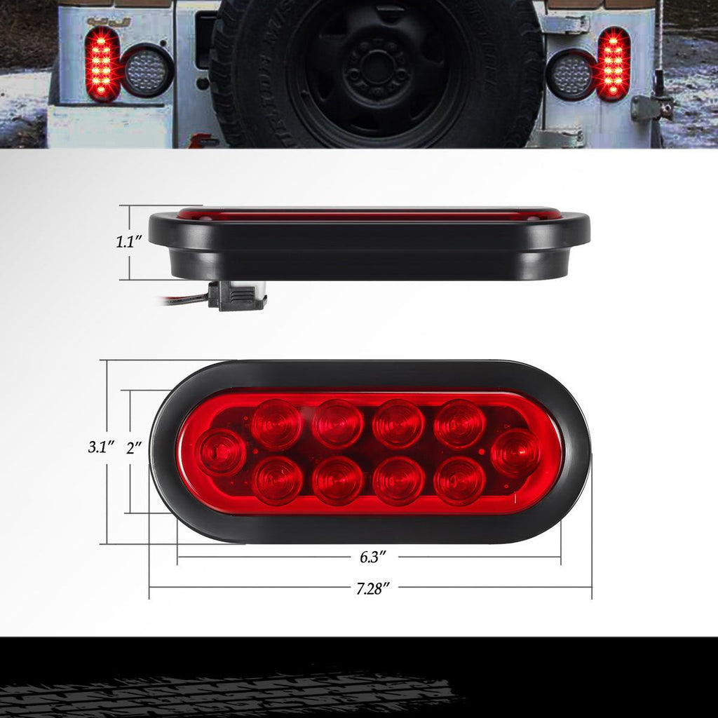 Partsam (4) Trailer Truck LED Sealed RED 6inch Oval Stop/Turn/Tail Lights Flush Mount Waterproof Including 3-pin water tight plug with wires and Grommets Sealed