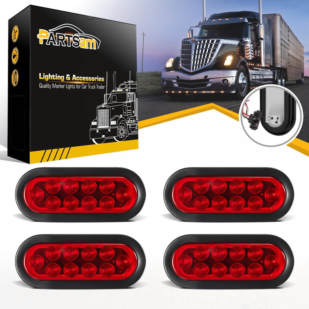Partsam (4) Trailer Truck LED Sealed RED 6inch Oval Stop/Turn/Tail Lights Flush Mount Waterproof Including 3-pin water tight plug with wires and Grommets Sealed